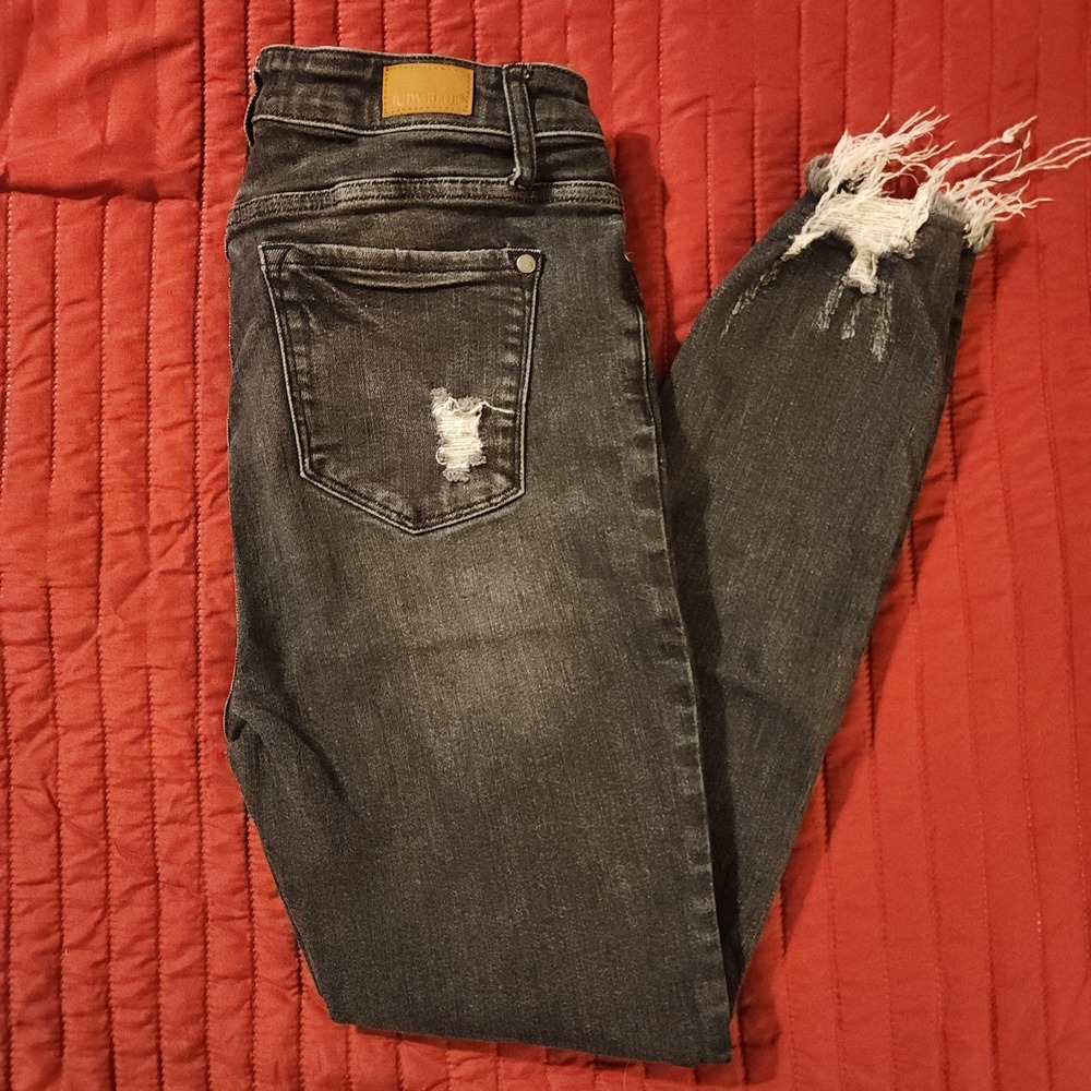 Judy Blue Black Distressed Skinny Jean Frayed Hem Button Fly High Rise Size 9/29